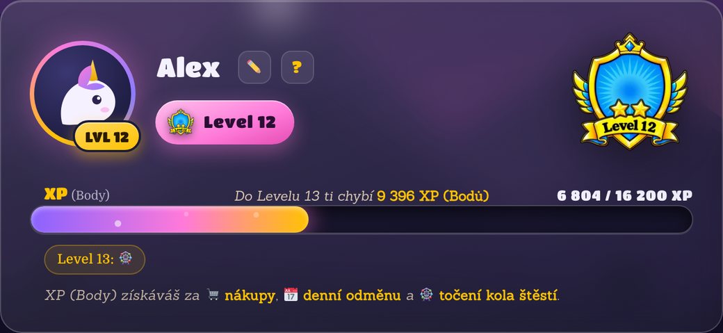 Profil v Poník klubu: level, odznak hodnosti a XP